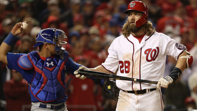 WASHINGTON, DC - OCTOBER 13: Jayson Werth #28 of the Washington Nationals reacts after striking out against the Chicago Cubs during the ninth inning in game five of the National League Division Series at Nationals Park on October 13, 2017 in Washington, DC.