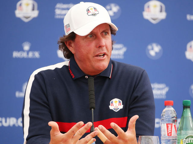 PARIS, FRANCE - SEPTEMBER 25: Phil Mickelson of the United States attends a press conference ahead of the 2018 Ryder Cup at Le Golf National on September 25, 2018 in Paris, France.