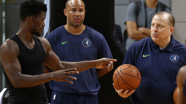 SHENZHEN, CHINA - OCTOBER 04: Head coach Tom Thibodeau(R) and Jimmy Butler #23 of the Minnesota Timberwolves looks on during practice at Shenzhen Gymnasium as part of 2017 NBA Global Games China on October 4, 2017 in Shenzhen, China.