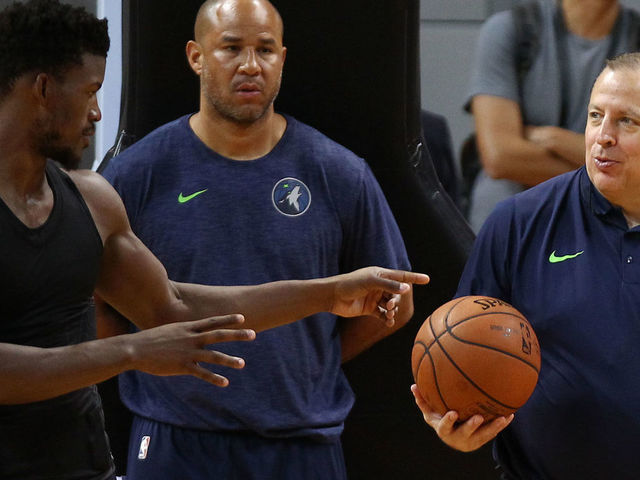 SHENZHEN, CHINA - OCTOBER 04: Head coach Tom Thibodeau(R) and Jimmy Butler #23 of the Minnesota Timberwolves looks on during practice at Shenzhen Gymnasium as part of 2017 NBA Global Games China on October 4, 2017 in Shenzhen, China.