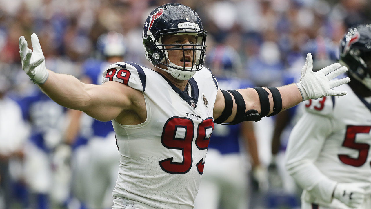 HOUSTON, TX - SEPTEMBER 23: J.J. Watt #99 of the Houston Texans celebrates a sack of Eli Manning of the New York Giants in the fourth quarter at NRG Stadium on September 23, 2018 in Houston, Texas.
