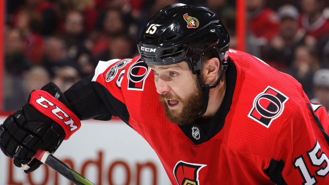 OTTAWA, ON - OCTOBER 30: Zack Smith #15 of the Ottawa Senators prepares for a faceoff against the Montreal Canadiens at Canadian Tire Centre on October 30, 2017 in Ottawa, Ontario, Canada.