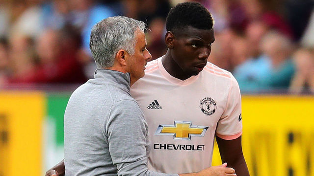 BURNLEY, ENGLAND - SEPTEMBER 02: Manchester United manager Jose Mourinho embraces Paul Pogba as he leaves the field after being substituted during the Premier League match between Burnley FC and Manchester United at Turf Moor on September 2, 2018 in Burnley, United Kingdom.