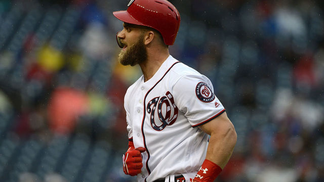 WASHINGTON, DC - SEPTEMBER 23: Bryce Harper #34 of the Washington Nationals reacts after flying out in the fourth inning against the New York Mets at Nationals Park on September 23, 2018 in Washington, DC.