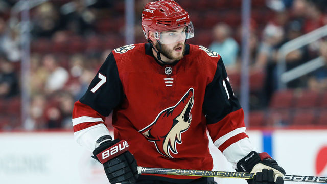 GLENDALE, AZ - SEPTEMBER 18: Arizona Coyotes center Alex Galchenyuk (17) looks on during the preseason NHL hockey game between the Los Angeles Kings and the Arizona Coyotes on Sep 18, 2018 at Gila River Arena in Glendale, Arizona.