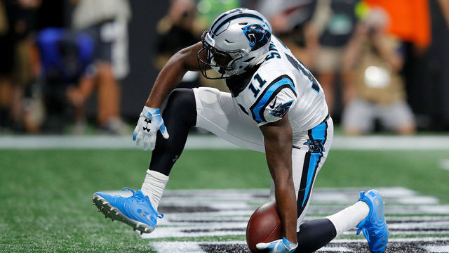 ATLANTA, GA - SEPTEMBER 16: Torrey Smith #11 of the Carolina Panthers scores a touchdown during the second half against the Atlanta Falcons at Mercedes-Benz Stadium on September 16, 2018 in Atlanta, Georgia.