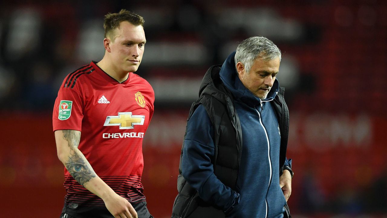 MANCHESTER, ENGLAND - SEPTEMBER 25: Phil Jones of Manchester United looks dejected after missing his team's eighth penalty, meaning Derby County win the match on penalties during the Carabao Cup Third Round match between Manchester United and Derby County at Old Trafford on September 25, 2018 in Manchester, England.