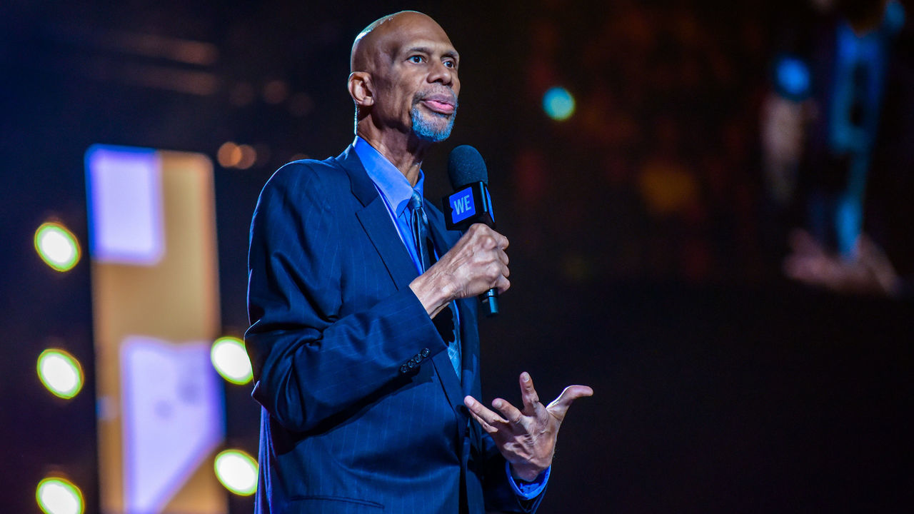 TORONTO, ON - SEPTEMBER 20: Kareem Abdul-Jabbar speaks on stage during the 2018 WE Day Toronto Show at Scotiabank Arena on September 20, 2018 in Toronto, Canada.