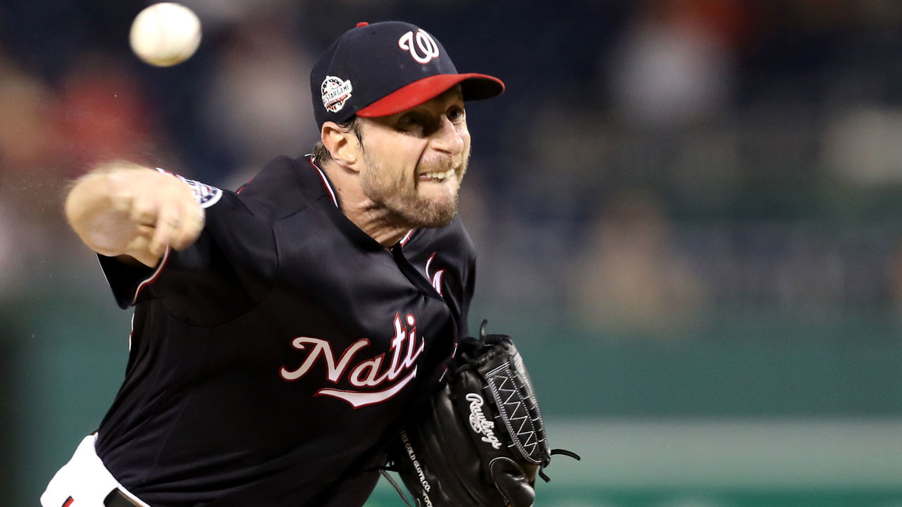 WASHINGTON, DC - SEPTEMBER 25: Starting pitcher Max Scherzer #31 of the Washington Nationals throws a third inning pitch against the Miami Marlins at Nationals Park on September 25, 2018 in Washington, DC.