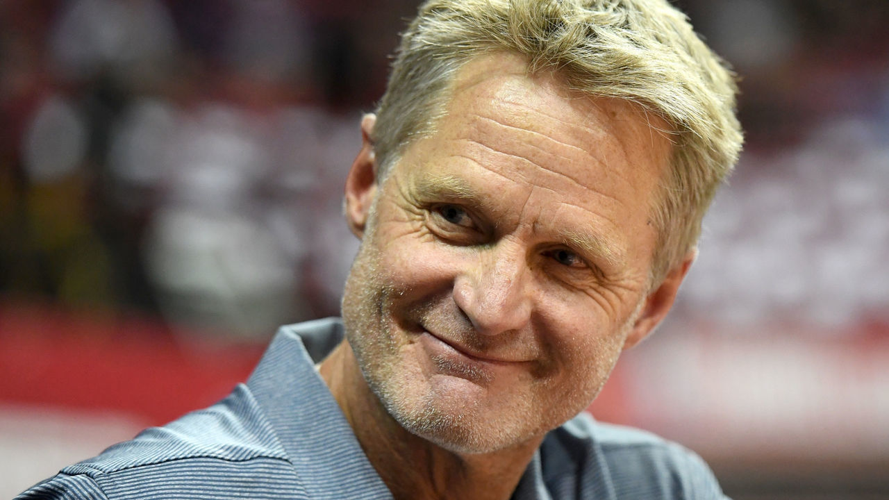 LAS VEGAS, NV - JULY 09: Head coach Steve Kerr of the Golden State Warriors smiles before the team's 2018 NBA Summer League game against the Dallas Mavericks at the Thomas & Mack Center on July 9, 2018 in Las Vegas, Nevada.
