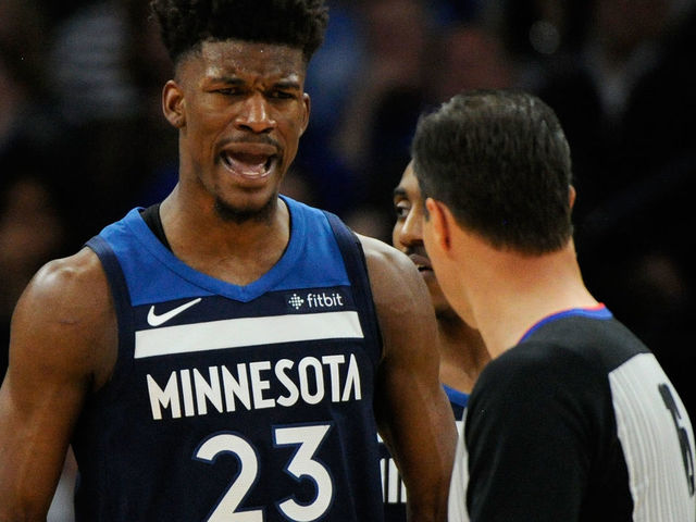 MINNEAPOLIS, MN - APRIL 23: Jimmy Butler #23 of the Minnesota Timberwolves reacts to being called for a foul against the Houston Rockets during the third quarter in Game Four of Round One of the 2018 NBA Playoffs on April 23, 2018 at the Target Center in Minneapolis, Minnesota. The Rockets defeated the Timberwolves 119-100.
