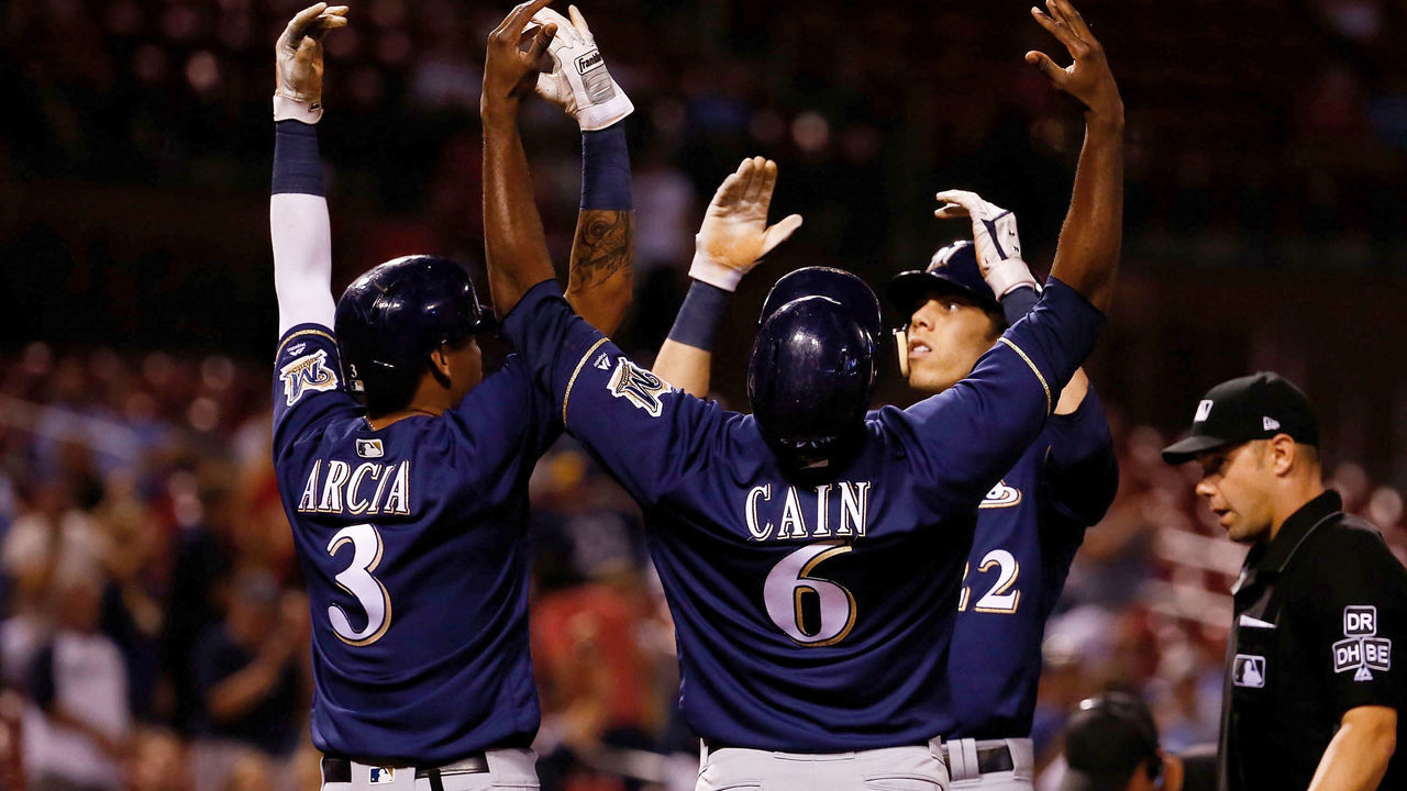 ST. LOUIS, MO - SEPTEMBER 25: Christian Yelich #22 of the Milwaukee Brewers celebrates after hitting a three-run home run against the St. Louis Cardinals in the ninth inning at Busch Stadium on September 25, 2018 in St. Louis, Missouri.