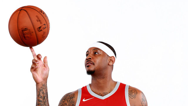 HOUSTON, TX - SEPTEMBER 24: Carmelo Anthony #7 of the Houston Rockets poses for a portrait during the Houston Rockets Media Day at The Post Oak Hotel at Uptown Houston on September 24, 2018 in Houston, Texas.