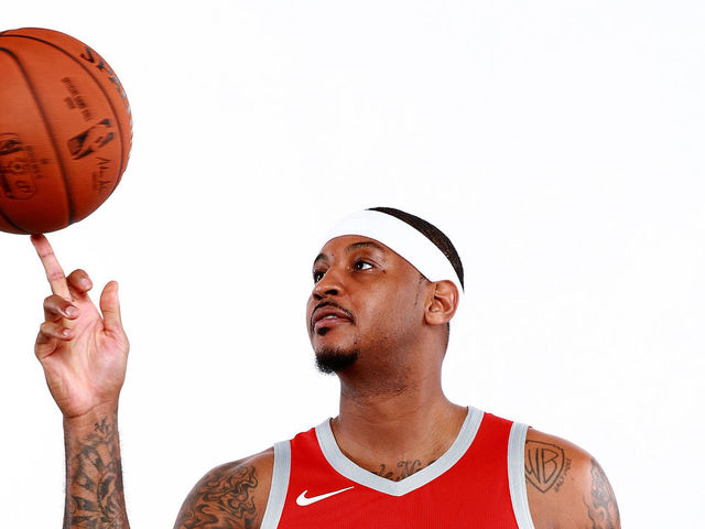 HOUSTON, TX - SEPTEMBER 24: Carmelo Anthony #7 of the Houston Rockets poses for a portrait during the Houston Rockets Media Day at The Post Oak Hotel at Uptown Houston on September 24, 2018 in Houston, Texas.
