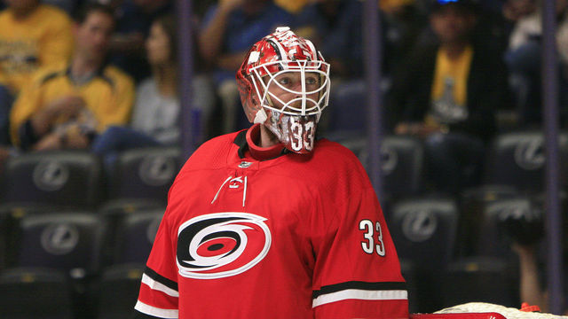 NASHVILLE, TN - SEPTEMBER 25: Carolina Hurricanes goalie Scott Darling (33) is shown during the NHL preseason game between the Nashville Predators and the Carolina Hurricanes, held on September 25, 2018, at Bridgestone Arena in Nashville, Tennessee.