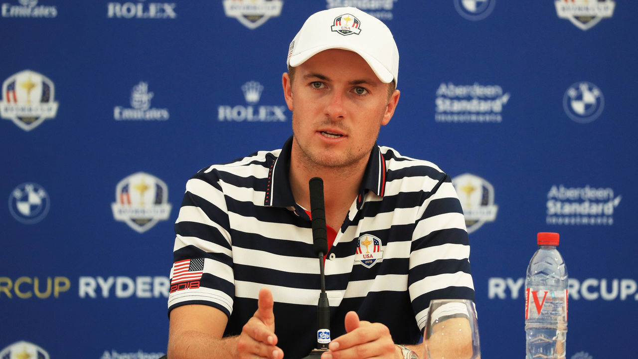 PARIS, FRANCE - SEPTEMBER 26: Jordan Spieth of the United States attends a press conference ahead of the 2018 Ryder Cup at Le Golf National on September 26, 2018 in Paris, France.