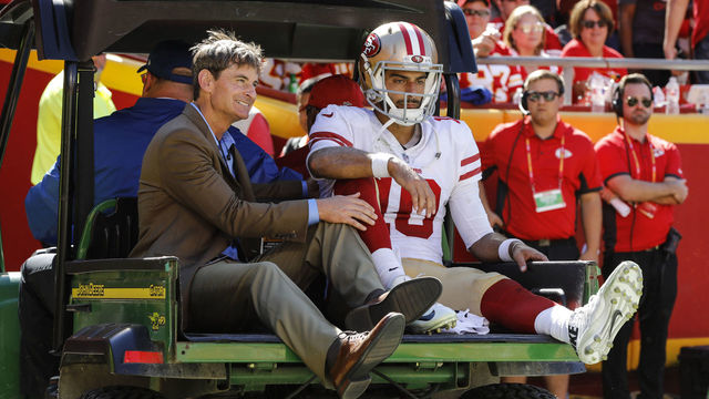 KANSAS CITY, MO - SEPTEMBER 23: Jimmy Garoppolo #10 of the San Francisco 49ers is carted off the field after an injury during the fourth quarter of the game against the Kansas City Chiefs at Arrowhead Stadium on September 23rd, 2018 in Kansas City, Missouri.