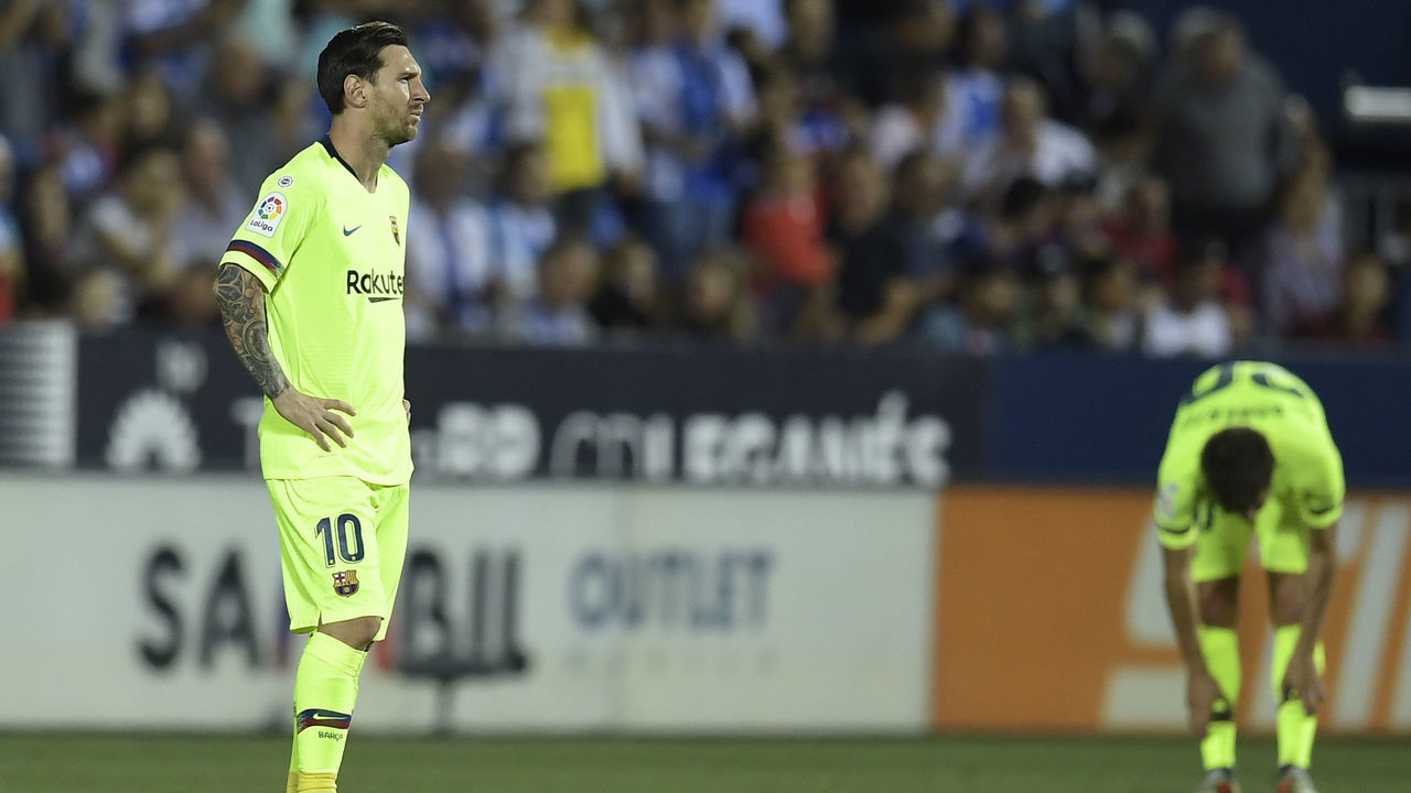 Barcelona's Argentinian forward Lionel Messi reacts to Leganes' second goal during the Spanish league football match Club Deportivo Leganes SAD against FC Barcelona at the Estadio Municipal Butarque in Leganes on the outskirts of Madrid on September 26, 2018.