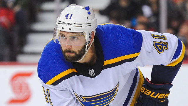 CALGARY, AB - NOVEMBER 13: Robert Bortuzzo #41 of the St Louis Blues in action against the Calgary Flames during an NHL game at Scotiabank Saddledome on November 13, 2017 in Calgary, Alberta, Canada.