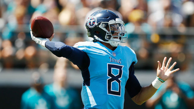 JACKSONVILLE, FL - SEPTEMBER 23: Marcus Mariota #8 of the Tennessee Titans looks to pass the football during their game against the Jacksonville Jaguars at TIAA Bank Field on September 23, 2018 in Jacksonville, Florida.