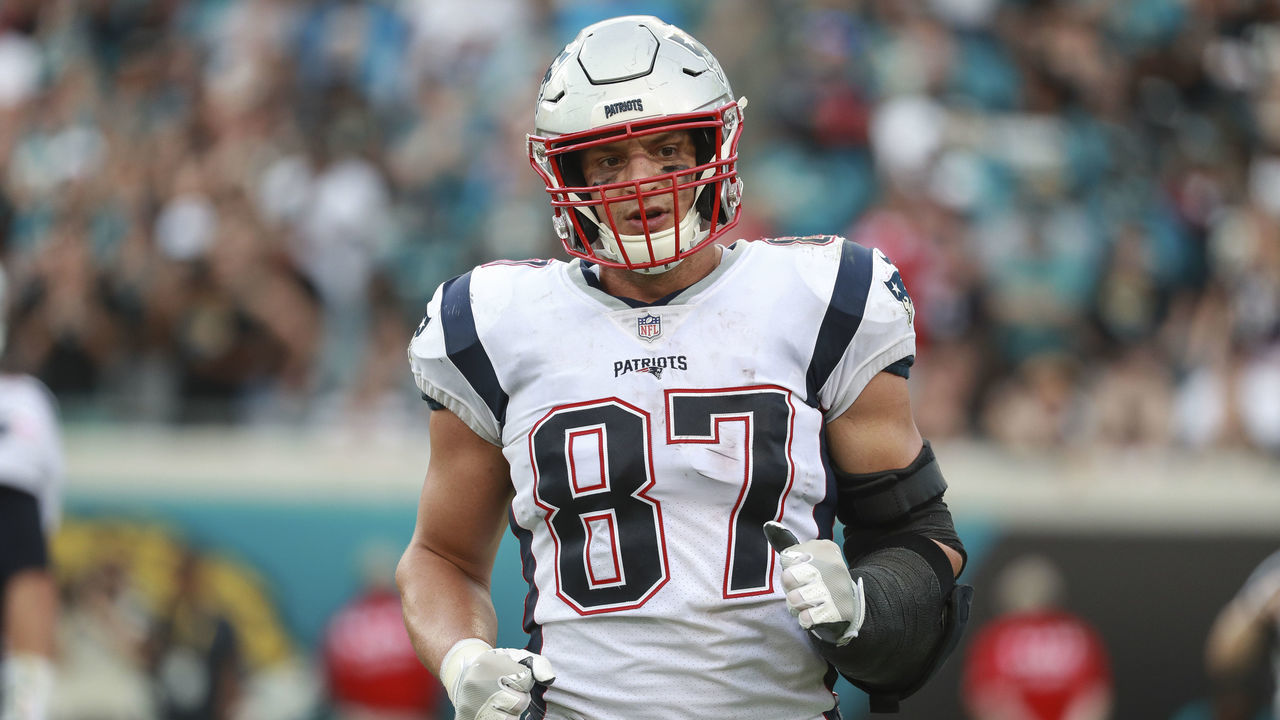 JACKSONVILLE, FL - SEPTEMBER 16: Rob Gronkowski #87 of the New England Patriots is seen during the second half against the Jacksonville Jaguars at TIAA Bank Field on September 16, 2018 in Jacksonville, Florida.