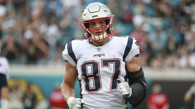JACKSONVILLE, FL - SEPTEMBER 16: Rob Gronkowski #87 of the New England Patriots is seen during the second half against the Jacksonville Jaguars at TIAA Bank Field on September 16, 2018 in Jacksonville, Florida.