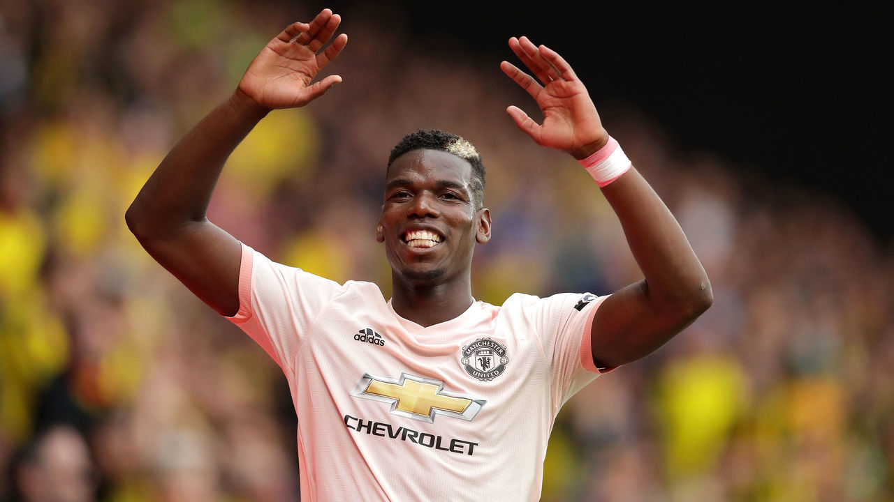 WATFORD, ENGLAND - SEPTEMBER 15: Paul Pogba of Manchester United in action during the Premier League match between Watford FC and Manchester United at Vicarage Road on September 15, 2018 in Watford, United Kingdom.
