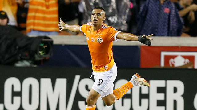 HOUSTON, TX - SEPTEMBER 26: Mauro Manotas #9 of Houston Dynamo celebrates his second goal of the first half against the Philadelphia Union during the 2018 Lamar Hunt U.S. Open Cup final at BBVA Compass Stadium on September 26, 2018 in Houston, Texas.