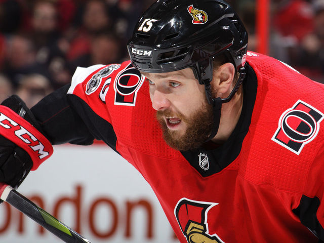 OTTAWA, ON - OCTOBER 30: Zack Smith #15 of the Ottawa Senators prepares for a faceoff against the Montreal Canadiens at Canadian Tire Centre on October 30, 2017 in Ottawa, Ontario, Canada.