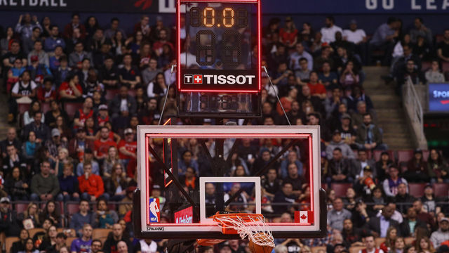 TORONTO, ON - MARCH 29: A view of the Tissot shot clock as DeMar DeRozan #10 of the Toronto Raptors sinks a buzzer beater at the end of the second quarter against the Charlotte Hornets during NBA game action at Air Canada Centre on March 29, 2017 in Toronto, Canada.