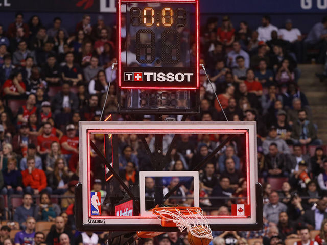 TORONTO, ON - MARCH 29: A view of the Tissot shot clock as DeMar DeRozan #10 of the Toronto Raptors sinks a buzzer beater at the end of the second quarter against the Charlotte Hornets during NBA game action at Air Canada Centre on March 29, 2017 in Toronto, Canada.