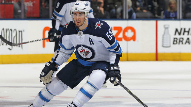 TORONTO, ON - MARCH 31: Mark Scheifele #55 of the Winnipeg Jets skates against the Toronto Maple Leafs during an NHL game at the Air Canada Centre on March 31, 2018 in Toronto, Ontario, Canada. The Jets defeated the Maple Leafs 3-1. *** Local Caption *** Mark Scheifele