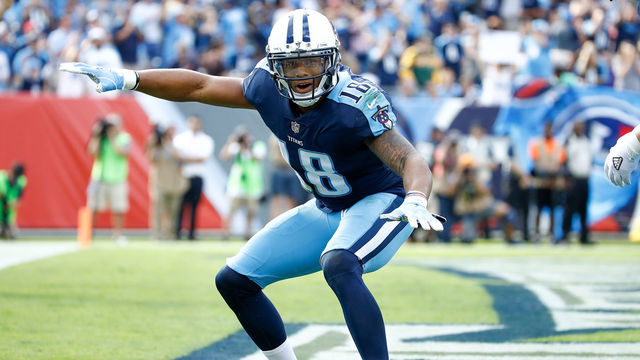 NASHVILLE, TN - NOVEMBER 05: Rishard Matthews #18 of the Tennessee Titans celebrates after scoring a touchdown against the Baltimore Ravens during the first half at Nissan Stadium on November 5, 2017 in Nashville, Tennessee.