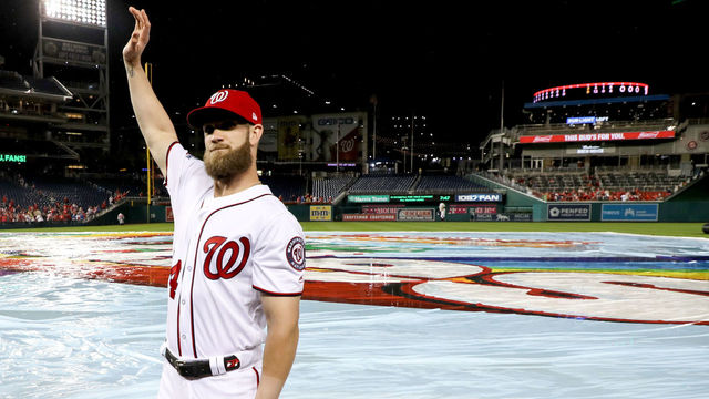 WASHINGTON, DC - SEPTEMBER 26: Bryce Harper #34 of the Washington Nationals waves to the crowd following the Nationals 9-3 win over the Miami Marlins during their last home game of the year at Nationals Park on September 26, 2018 in Washington, DC.