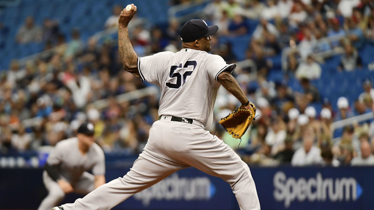 ST PETERSBURG, FL - SEPTEMBER 27: CC Sabathia #52 of the New York Yankees throws a pitch in the first inning against the Tampa Bay Rays on September 27, 2018 at Tropicana Field in St Petersburg, Florida.