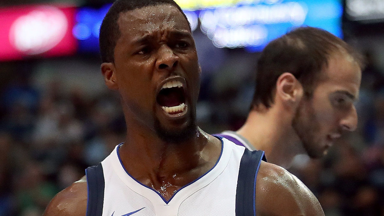 DALLAS, TX - OCTOBER 20: Harrison Barnes #40 of the Dallas Mavericks reacts against the Sacramento Kings in the second half at American Airlines Center on October 20, 2017 in Dallas, Texas.