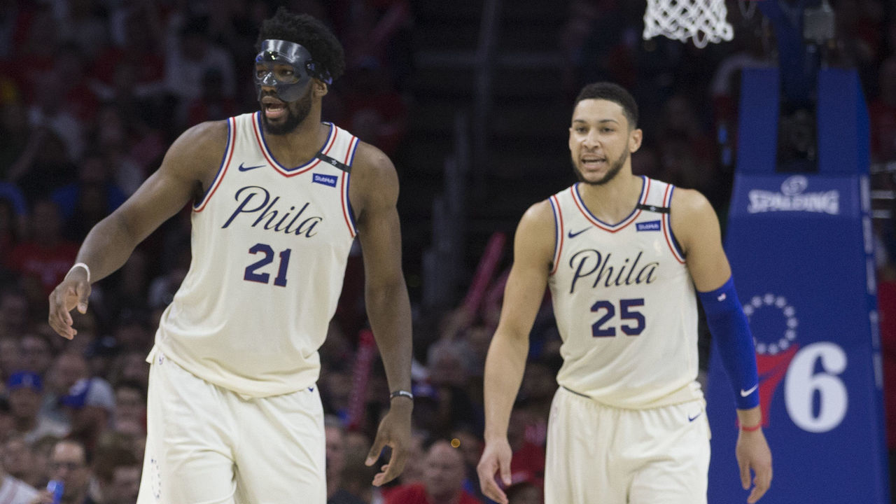 PHILADELPHIA, PA - MAY 7: Dario Saric #9, Joel Embiid #21, and Ben Simmons #25 of the Philadelphia 76ers look on in the fourth quarter against the Boston Celtics during Game Four of the Eastern Conference Second Round of the 2018 NBA Playoffs at Wells Fargo Center on May 7, 2018 in Philadelphia, Pennsylvania. The 76ers defeated the Celtics 103-92.