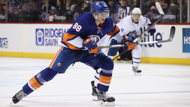 NEW YORK, NY - MARCH 30: Brandon Davidson #88 of the New York Islanders skates against the Toronto Maple Leafs at the Barclays Center on March 30, 2018 in the Brooklyn borough of New York City.