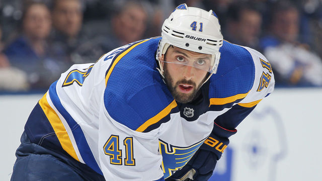 TORONTO,ON - JANUARY 16: Robert Bortuzzo #41 of the St.Louis Blues waits for a faceoff against the Toronto Maple Leafs during an NHL game at the Air Canada Centre on January 16, 2018 in Toronto, Ontario, Canada. The Blues defeated the Maple Leafs 2-1 in overtime.