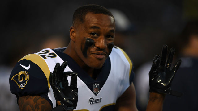 OAKLAND, CA - SEPTEMBER 10: Marcus Peters #22 of the Los Angeles Rams looks on during their NFL game against the Oakland Raiders at Oakland-Alameda County Coliseum on September 10, 2018 in Oakland, California.