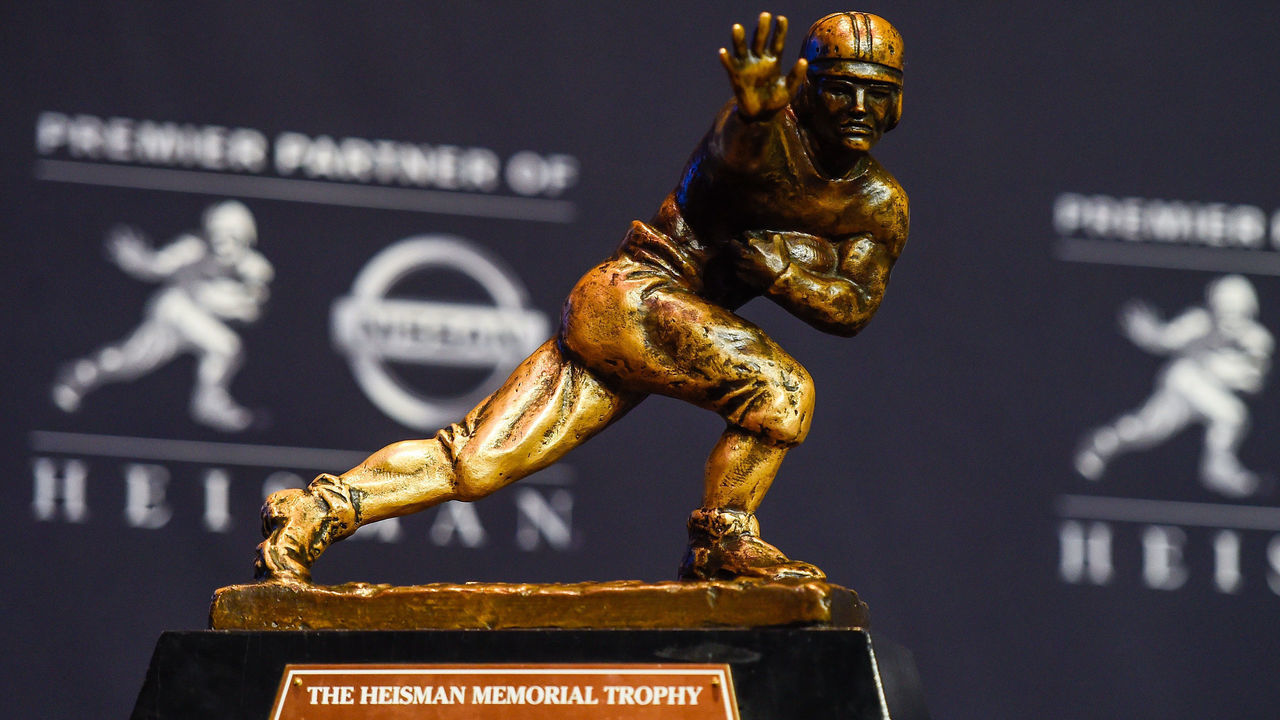 NEW YORK, NY - DECEMBER 13: The Heisman Trophy sits on a stand before a press conference at the New York Marriott Marquis on December 13, 2014 in New York City.