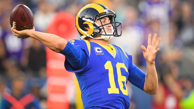 LOS ANGELES, CA - SEPTEMBER 27: Quarterback Jared Goff #16 of the Los Angeles Rams throws for a touchdown to take a 14-10 lead over the Minnesota Vikings in the second quarter at Los Angeles Memorial Coliseum on September 27, 2018 in Los Angeles, California.