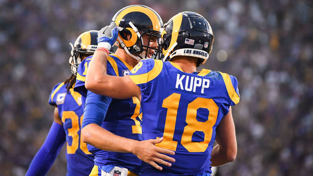LOS ANGELES, CA - SEPTEMBER 27: Quarterback Jared Goff #16 of the Los Angeles Rams celebrates his touchdown with wide receiver Cooper Kupp #18 to take a 21-17 lead in the second quarter against the Minnesota Vikings at Los Angeles Memorial Coliseum on September 27, 2018 in Los Angeles, California.