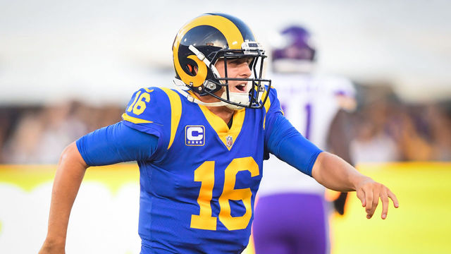 LOS ANGELES, CA - SEPTEMBER 27: Quarterback Jared Goff #16 of the Los Angeles Rams reacts to his touchdown pass to take a 14-10 lead over the Minnesota Vikings in the second quarter at Los Angeles Memorial Coliseum on September 27, 2018 in Los Angeles, California.