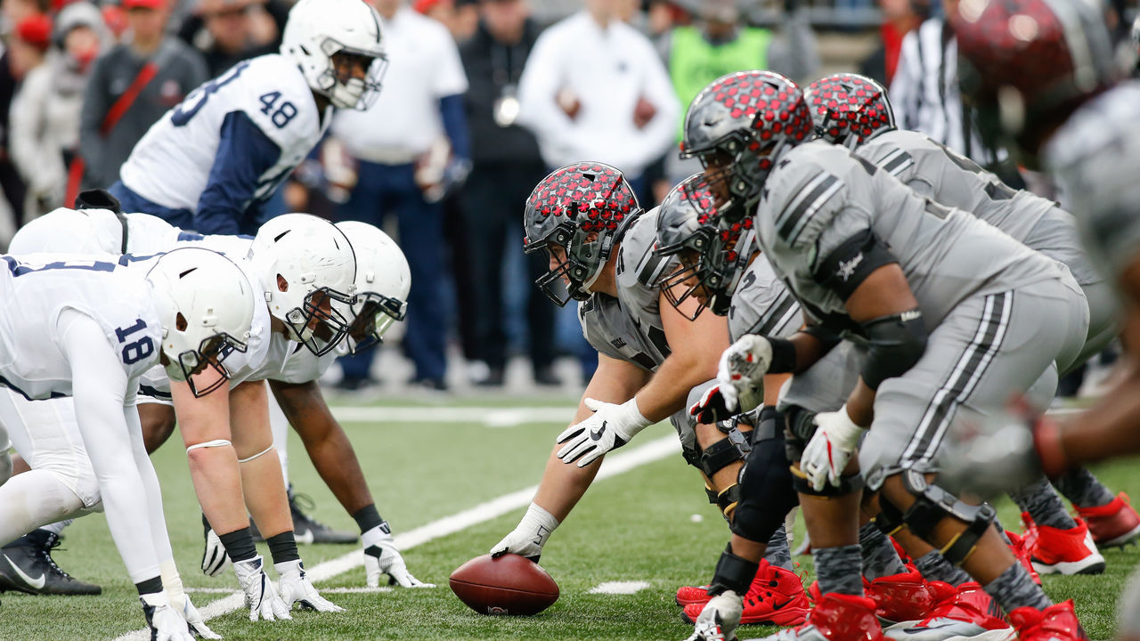 COLUMBUS, OH - OCTOBER 28: The Ohio State offensive line and the Penn State defensive line wait for the ball to be snapped during game action between the Penn State Nittany Lions (2) and the Ohio State Buckeyes (6) on October 28, 2017 at Ohio Stadium in Columbus, Ohio.