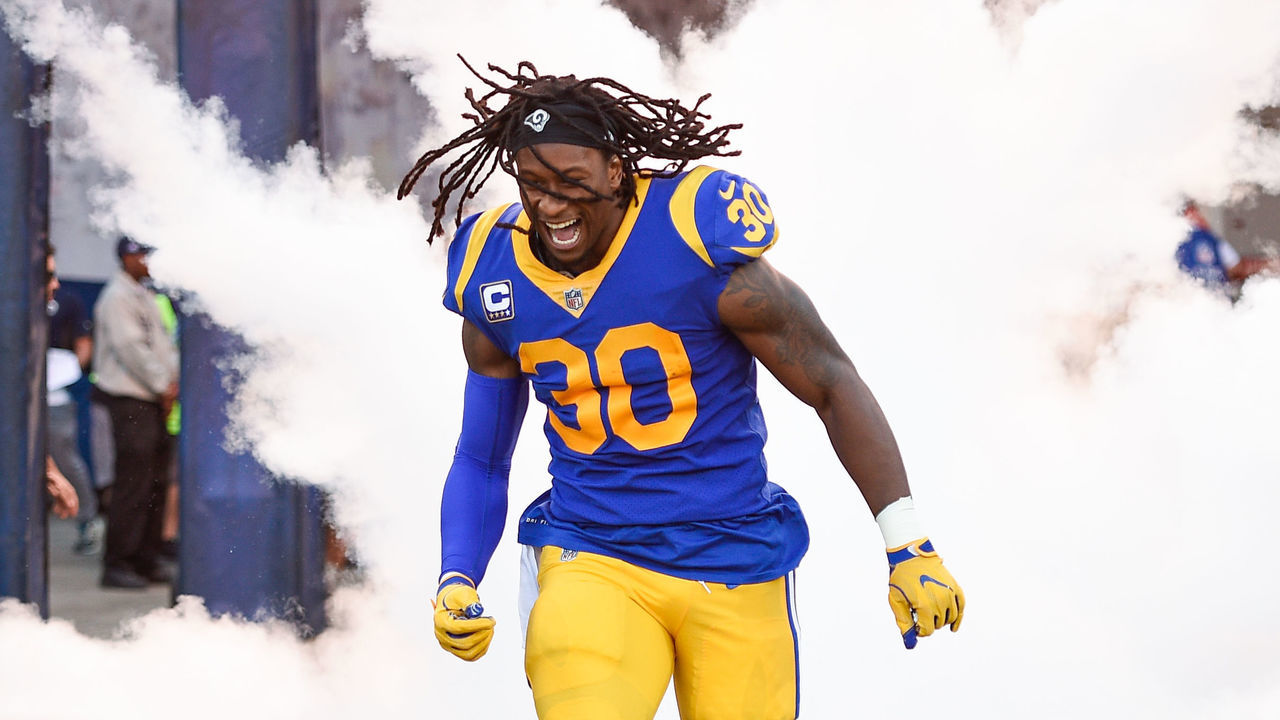 LOS ANGELES, CA - SEPTEMBER 27: Running back Todd Gurley #30 of the Los Angeles Rams enters the stadium ahead of the game against the Minnesota Vikings at Los Angeles Memorial Coliseum on September 27, 2018 in Los Angeles, California.