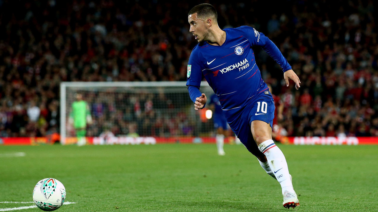 LIVERPOOL, ENGLAND - SEPTEMBER 26: Eden Hazard of Chelsea in action during the Carabao Cup Third Round match between Liverpool and Chelsea at Anfield on September 26, 2018 in Liverpool, England.