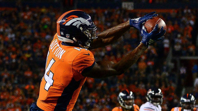 DENVER, CO - AUGUST 18: Wide receiver Courtland Sutton #14 of the Denver Broncos catches a pass for a second quarter touchdown against the Chicago Bears during an NFL preseason game at Broncos Stadium at Mile High on August 18, 2018 in Denver, Colorado.