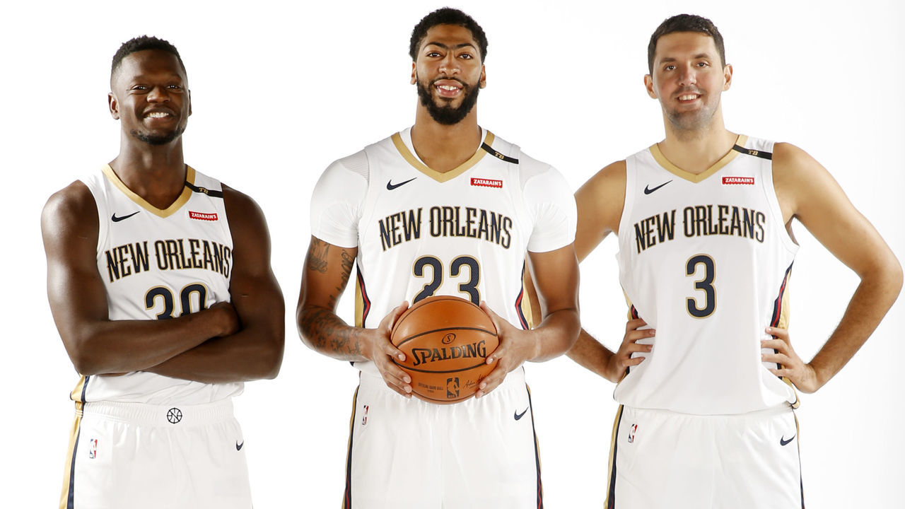 NEW ORLEANS, LA - SEPTEMBER 24: Julius Randle #30 Anthony Davis #23 and Nikola Mirotic #3 of the New Orleans Pelicans pose for a portrait during the 2018 NBA Media Day on September 24, 2018 at the Ochsner Sports Performance Center in New Orleans, Louisiana. Mandatory Copyright Notice: Copyright 2018 NBAE