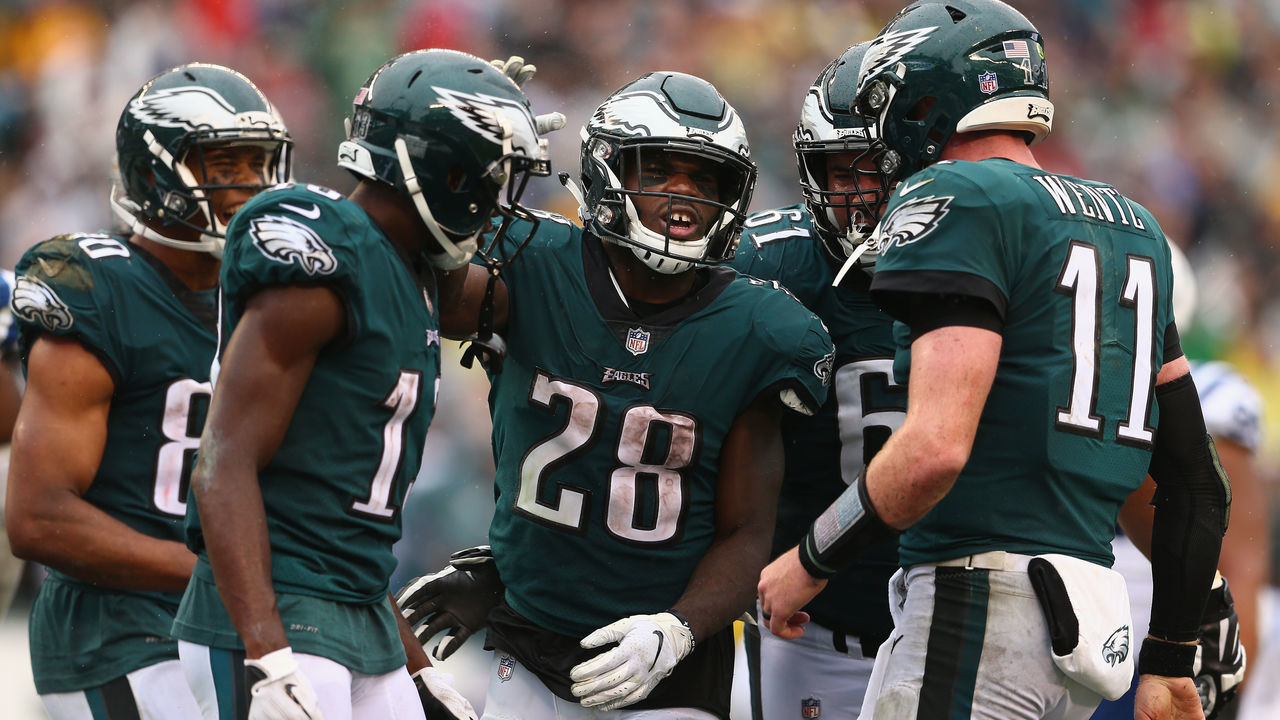 PHILADELPHIA, PA - SEPTEMBER 23: Running back Wendell Smallwood #28 of the Philadelphia Eagles celebrates his game-winning touchdown with teammates Jordan Matthews #80, wide receiver Nelson Agholor #13, quarterback Carson Wentz #11 and center Stefen Wisniewski #61 against the Indianapolis Colts during the fourth quarter at Lincoln Financial Field on September 23, 2018 in Philadelphia, Pennsylvania. The Philadelphia Eagles won 20-16.